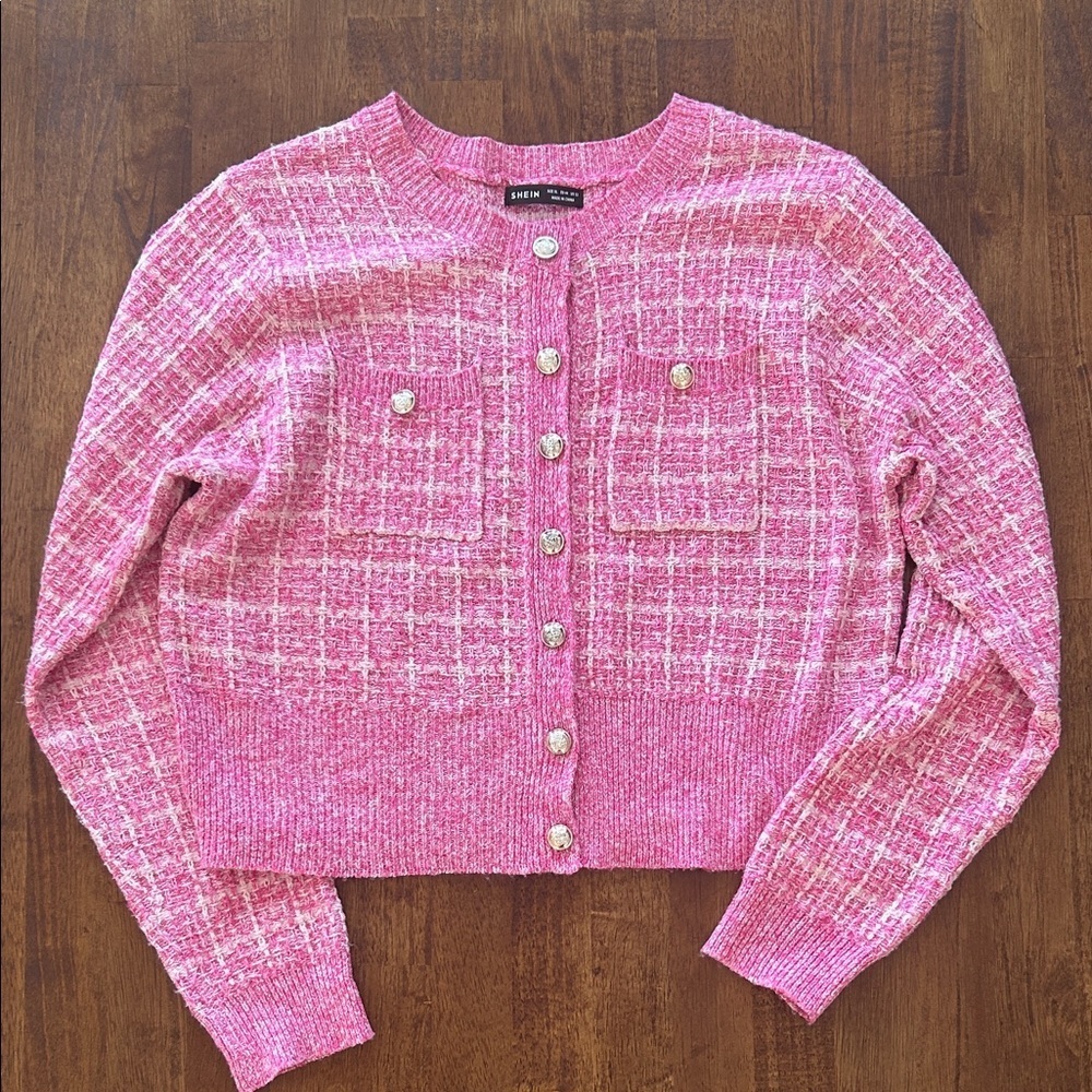 SHEIN women’s tweed knit style Chanel preppy pink cropped cardigan size XL